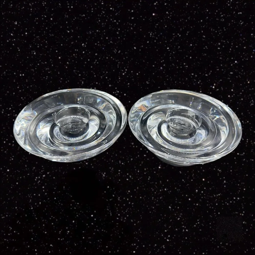 Vintage Miller‎ Rogaska Clear Tapper Candle Stick Holder Set 2 Votive Swirls VTG